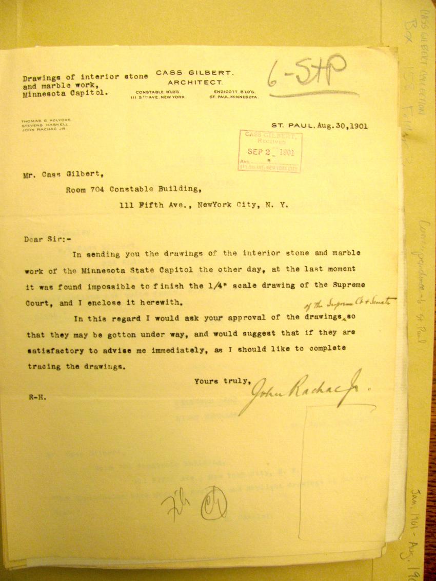 John Rachac, Jr. letter to Cass Gilbert,August 30, 1900 