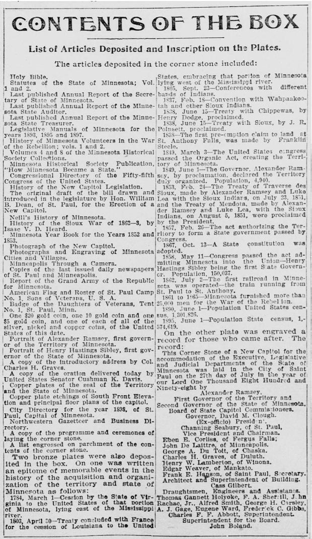 Cornerstone Contents, from the St. Paul Globe, July 28, 1898