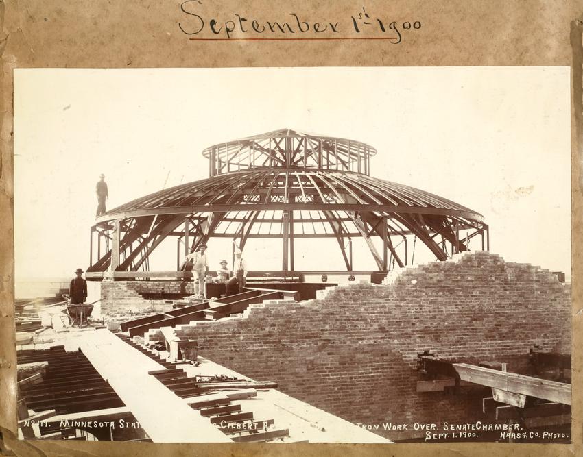 Minnesota State Capitol, Ironworkers working over Senate Chamber, September 1, 1900