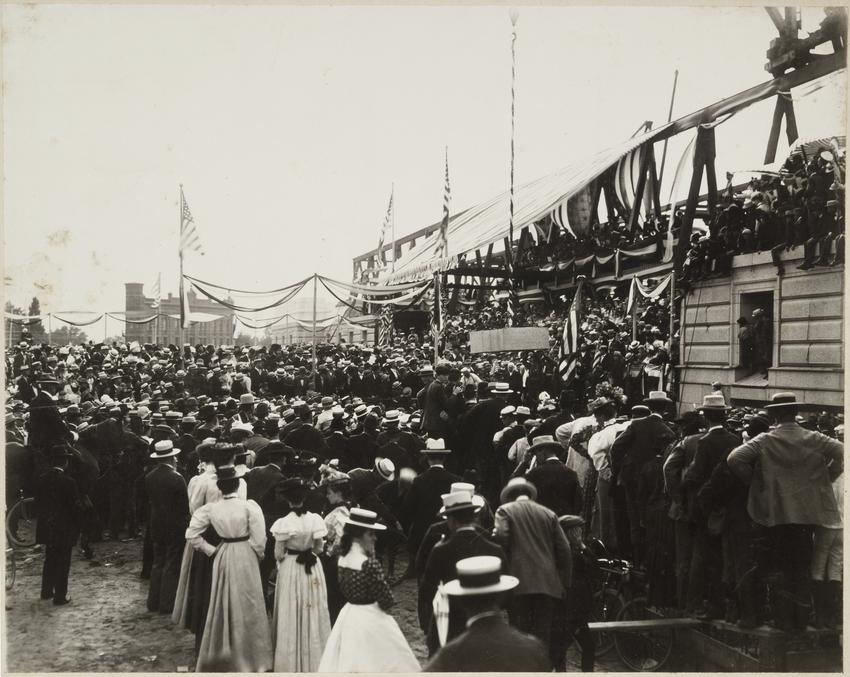 Spectators watch Alexander Ramsey preside over State Capitol cornerstone laying ceremony