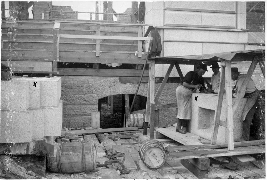 Capitol Cornerstone-Stoneworkers creating the cornerstone with handtools