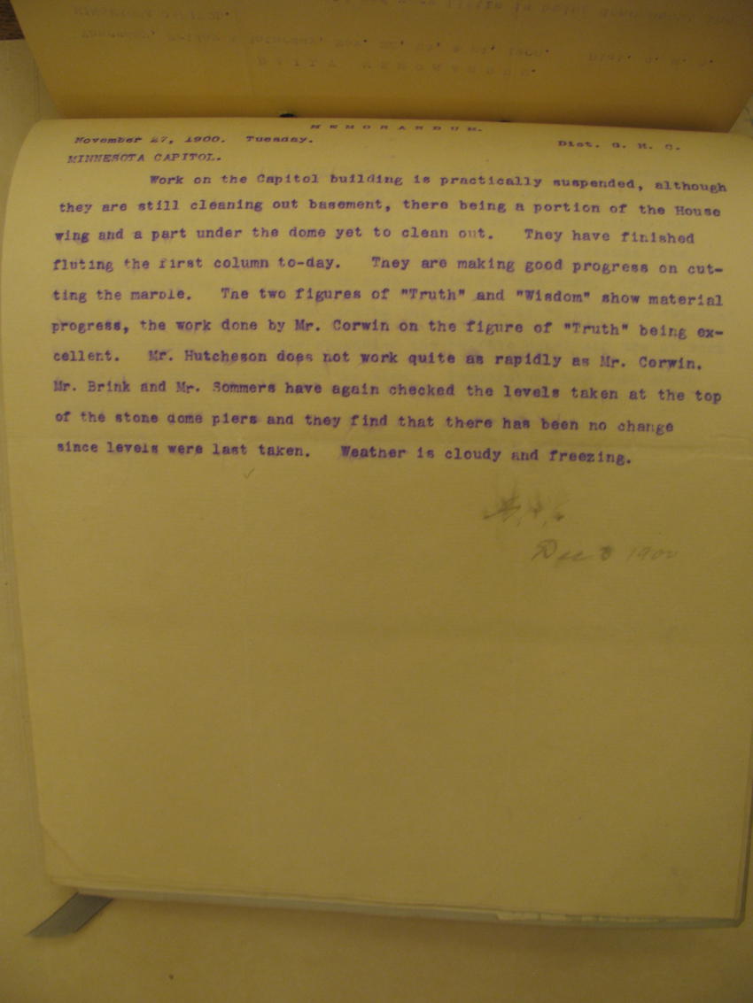 Letter to C. Gilbert on Corwin's statue carving, 1900