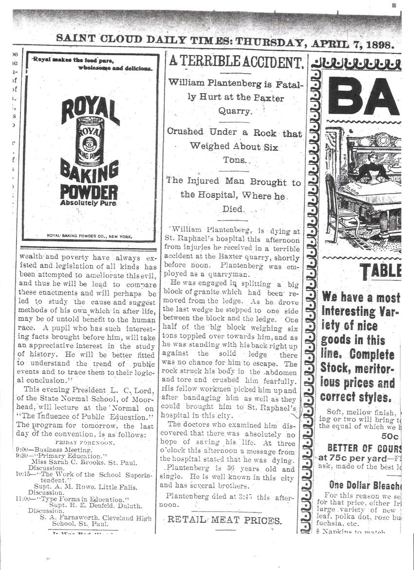 A Terrible Accident, William Platenberg is Fatally Hurt at the Baxter Quarry