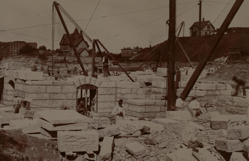 Stone workers, southeast corner Capitol foundation, August 1, 1896
